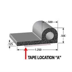 P-Shape Rubber Seal with BT or HT adhesive tape option illustrated image with dimensions Tape Location A